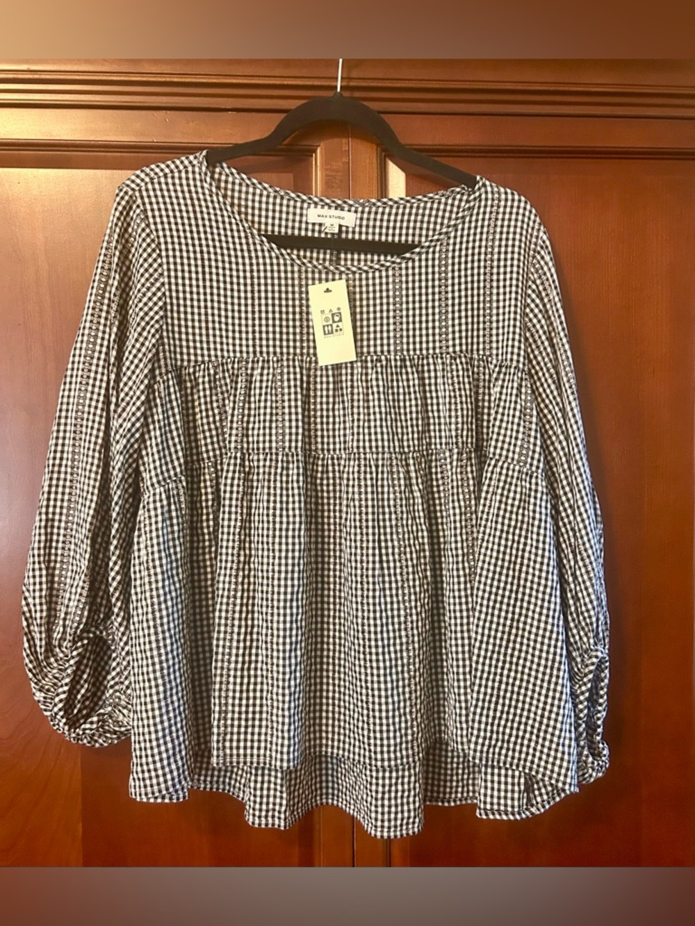 Max Studio Women Black/White Gingham Boho Tiered Babydoll Puff 3/4 Sleeves SizeM